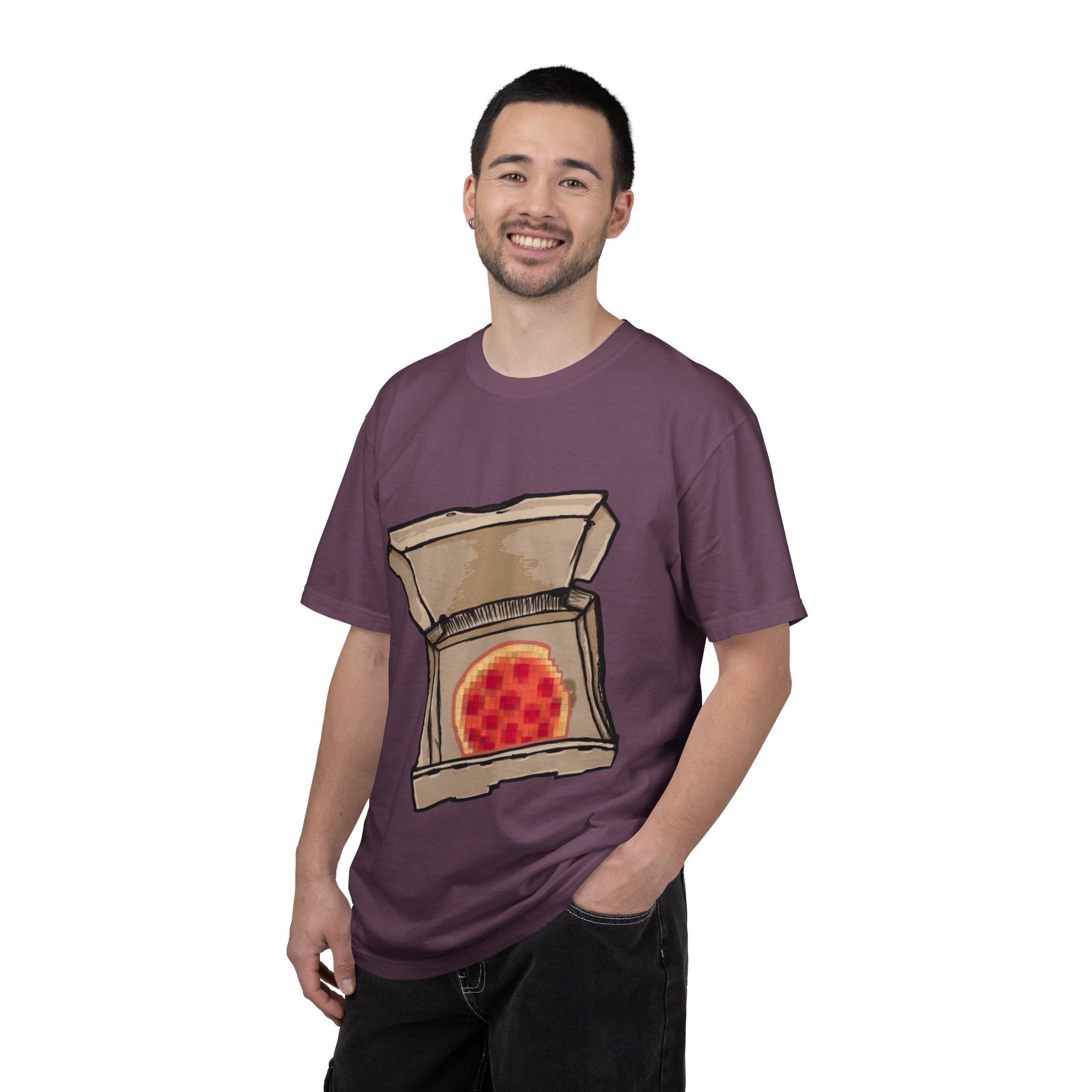 Hand-drawn pixel pizza box t-shirt showing open pizza box with 8-bit pixel art pepperoni pizza from PizzaBytes collection

