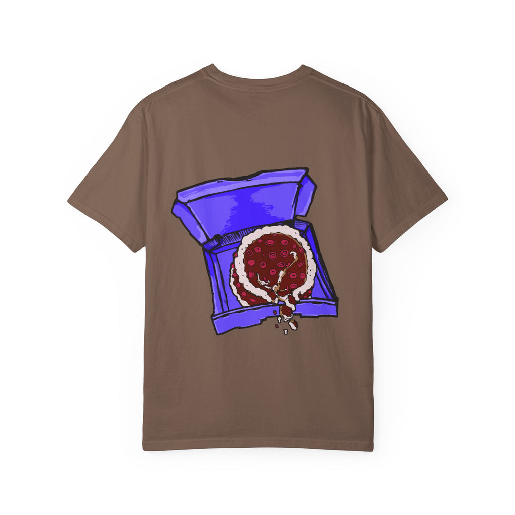 Freaky Features Sad Brian t-shirt, front shows a sad dripping brain monster with tentacles, back shows an open pizza box with half-eaten cake dripping
