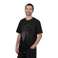 Hand-sketched Fish Monster t-shirt from Serenity Chain collection, eerie deep-sea creature with bulging eyes and flowing fins in white line art on black tee