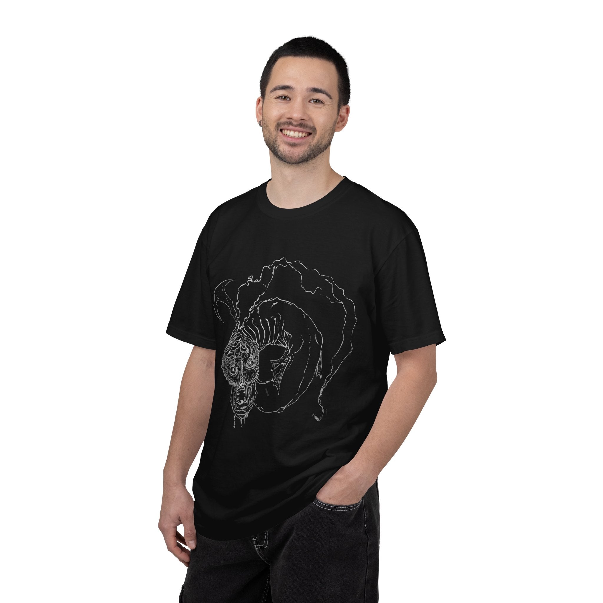 Hand-sketched Fish Monster t-shirt from Serenity Chain collection, eerie deep-sea creature with bulging eyes and flowing fins in white line art on black tee