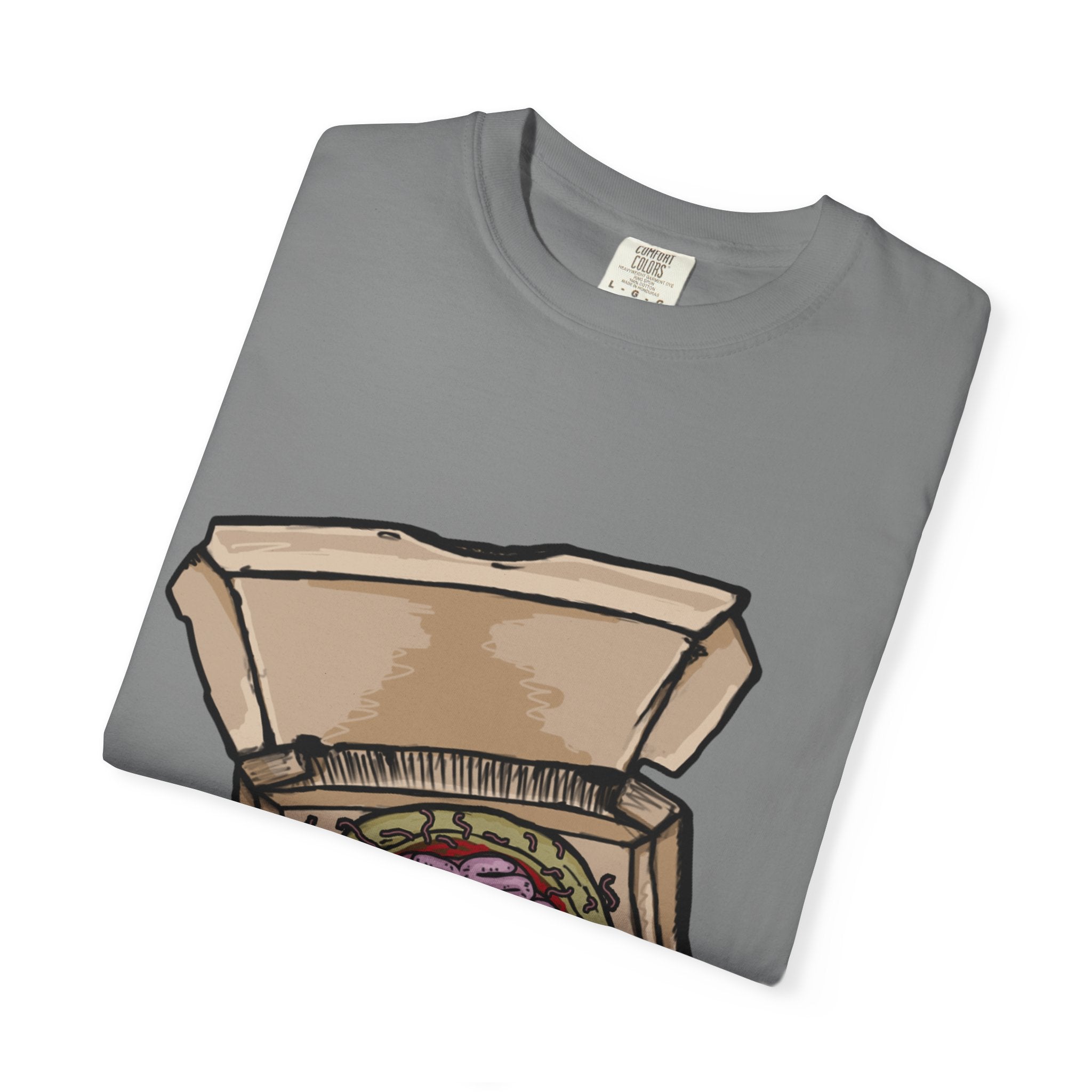 Hand-drawn brain pizza box t-shirt showing open pizza box with a detailed human brain pizza from PizzaBytes collection

