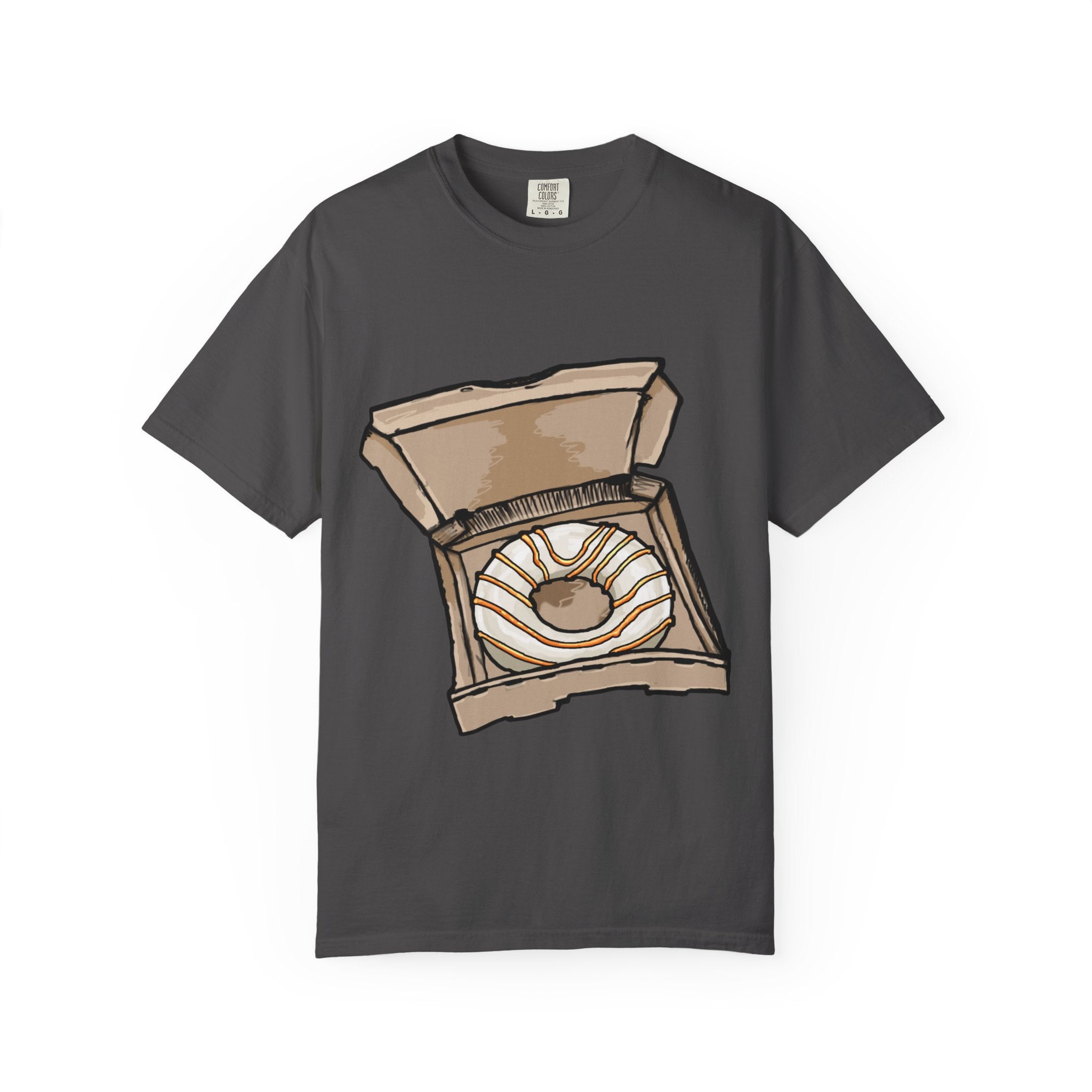 Hand-drawn donut pizza box t-shirt showing open pizza box with white-iced donut and orange drizzle from PizzaBytes collection

