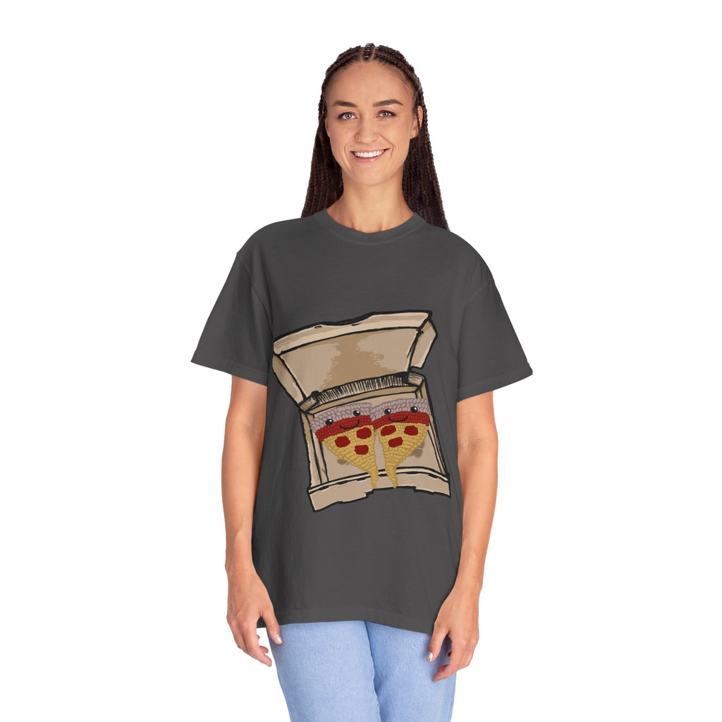 Hand-drawn knitted pizza slices t-shirt showing open pizza box with two smiling knitted pepperoni pizza slices from PizzaBytes collection

