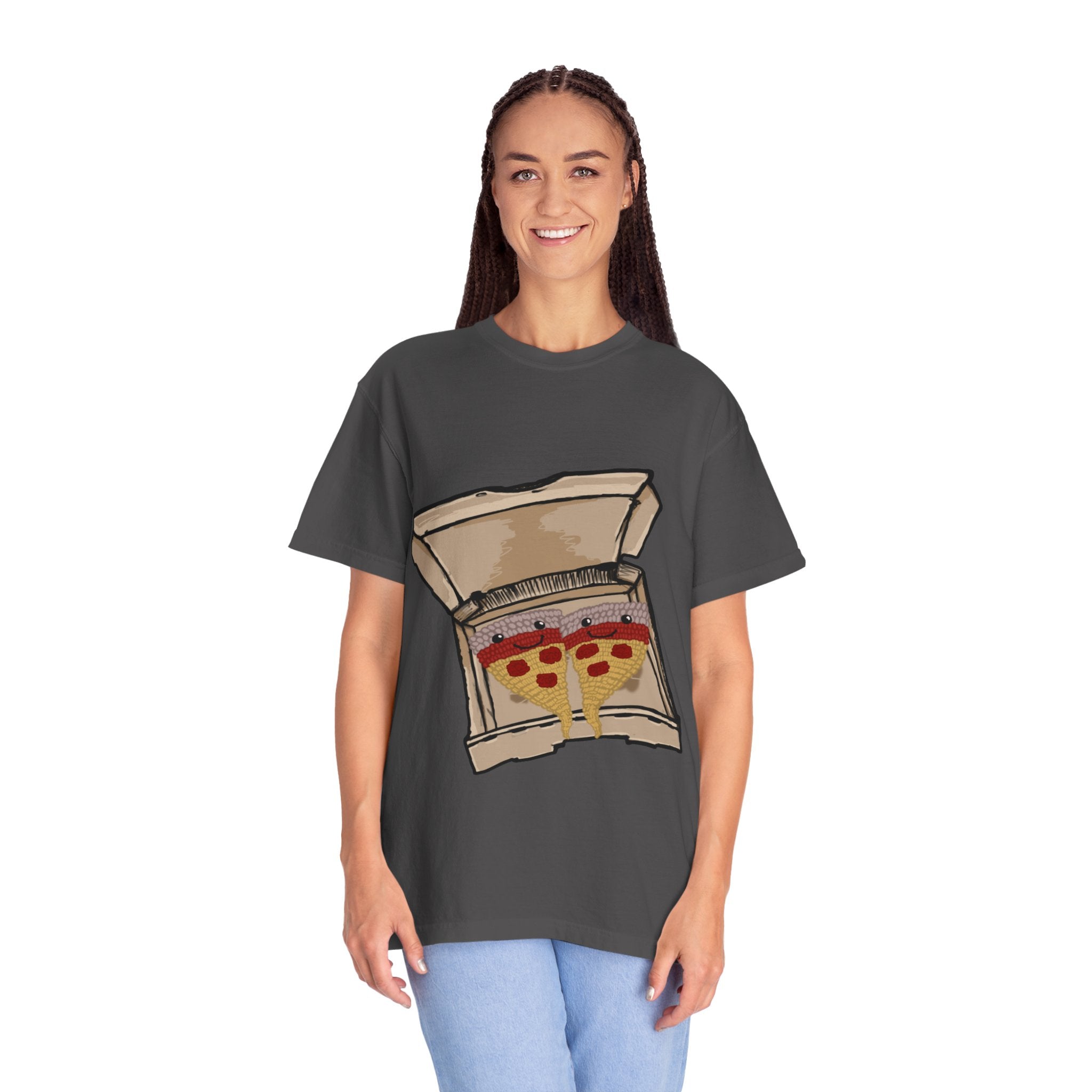 Hand-drawn knitted pizza slices t-shirt showing open pizza box with two smiling knitted pepperoni pizza slices from PizzaBytes collection


