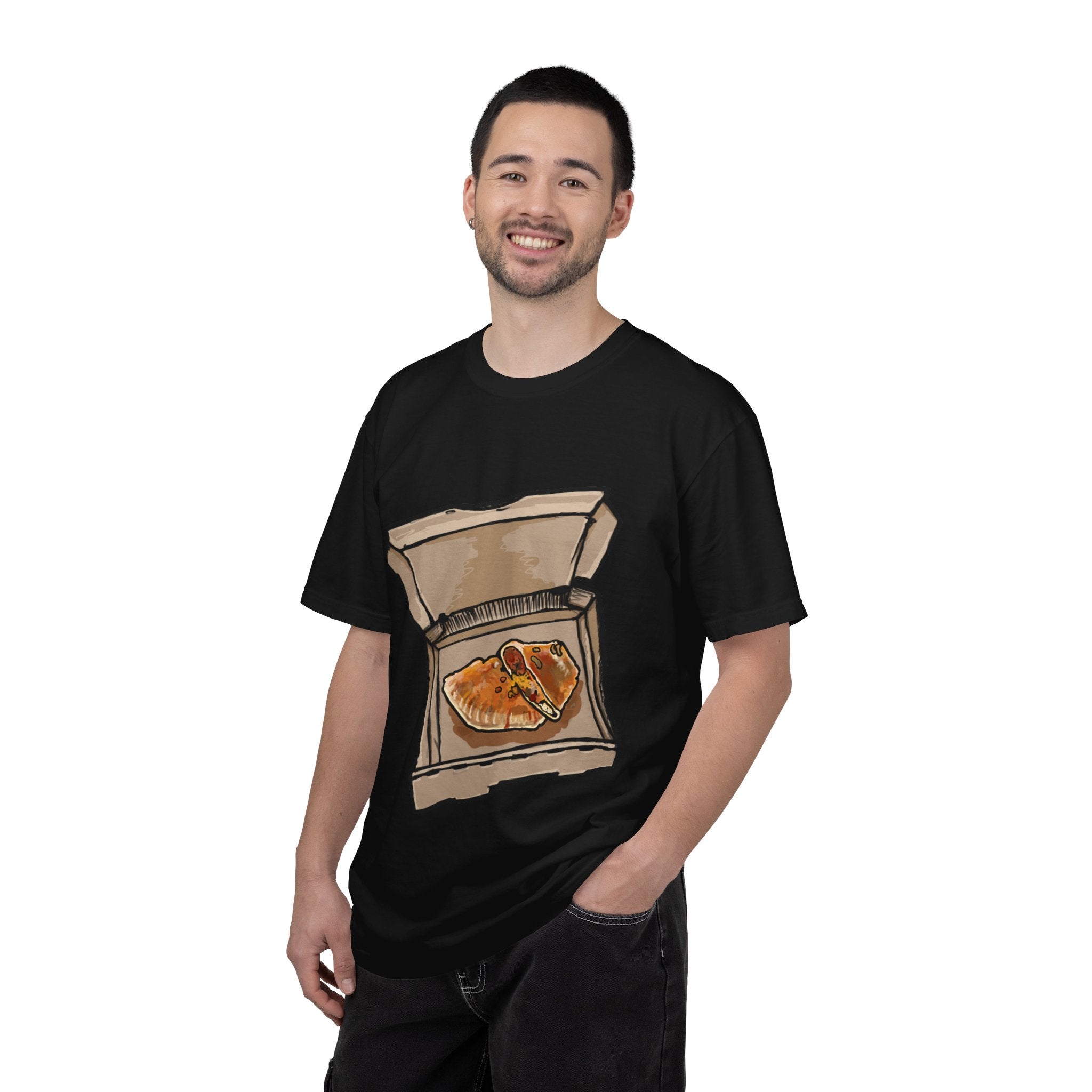 Hand-drawn calzone pizza box t-shirt showing open pizza box with two calzones from PizzaBytes collection

