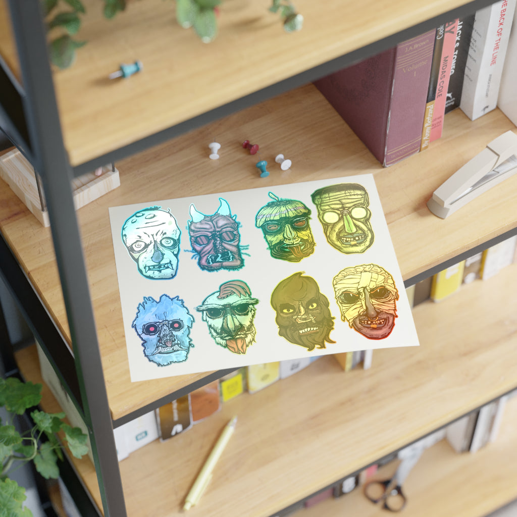 Freaky Features Sticker Sheet Set #1 , transparent die-cut sheet with 8 hand-drawn monster heads from the Freaky Features collection