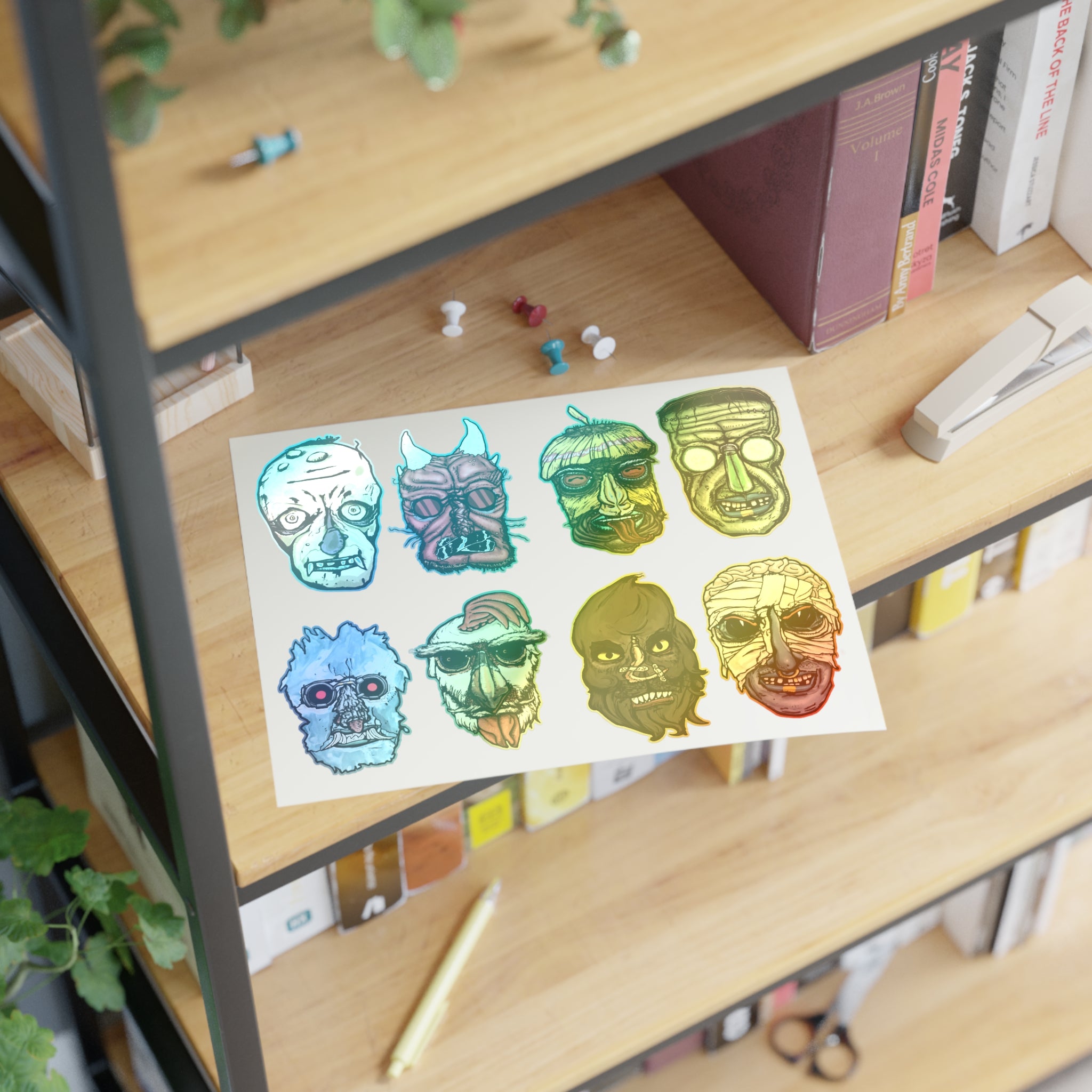 Freaky Features Sticker Sheet Set #1 , transparent die-cut sheet with 8 hand-drawn monster heads from the Freaky Features collection