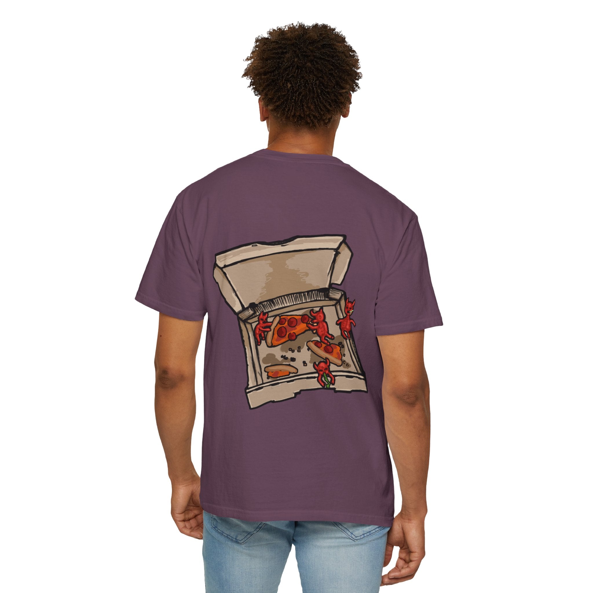 Freaky Features Demon t-shirt, front shows red demon head with horns and glowing eyes, back shows open pizza box being raided by little red devils
