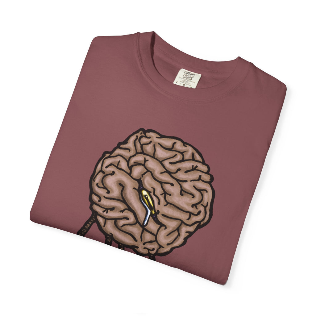 Freaky Features Sad Brian t-shirt, front shows a sad dripping brain monster with tentacles, back shows an open pizza box with half-eaten cake dripping
