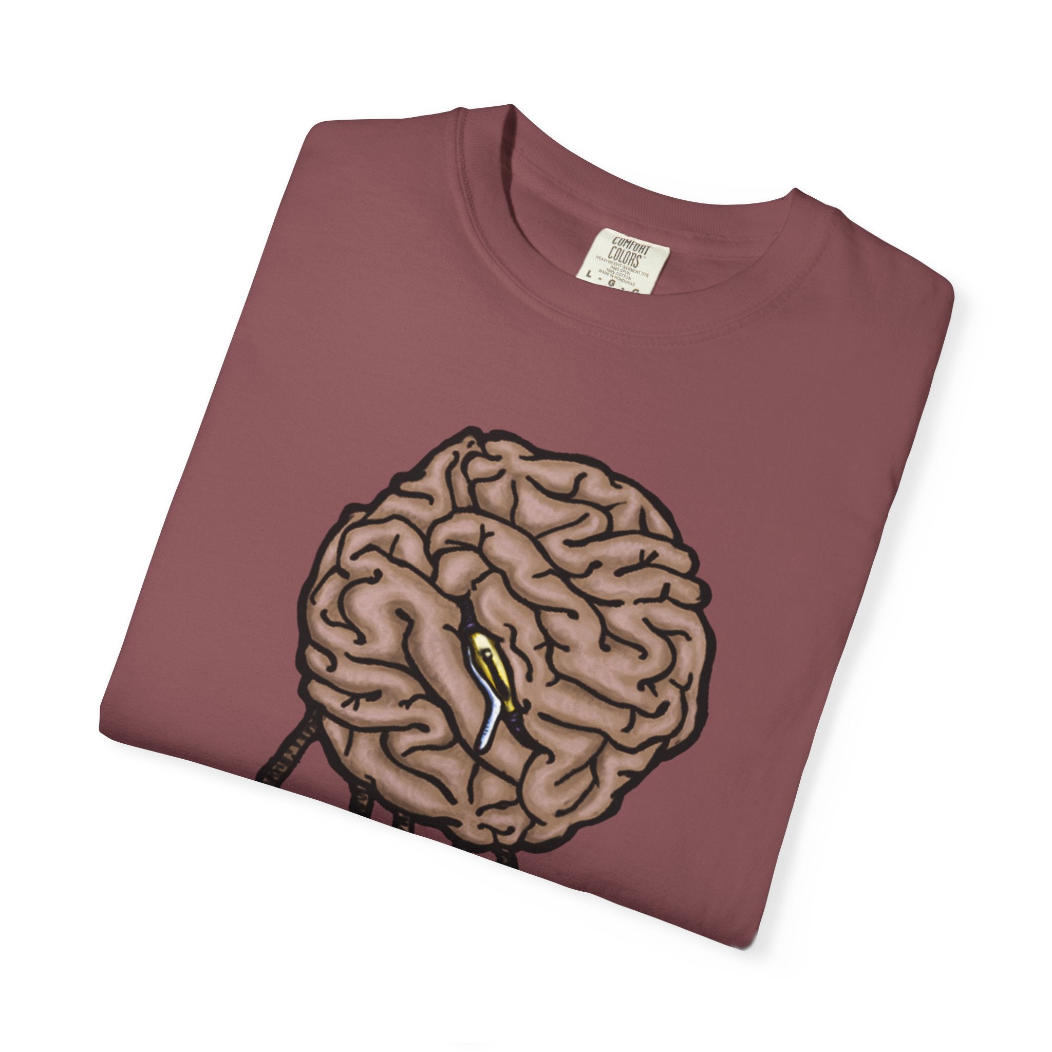 Freaky Features Sad Brian t-shirt, front shows a sad dripping brain monster with tentacles, back shows an open pizza box with half-eaten cake dripping
