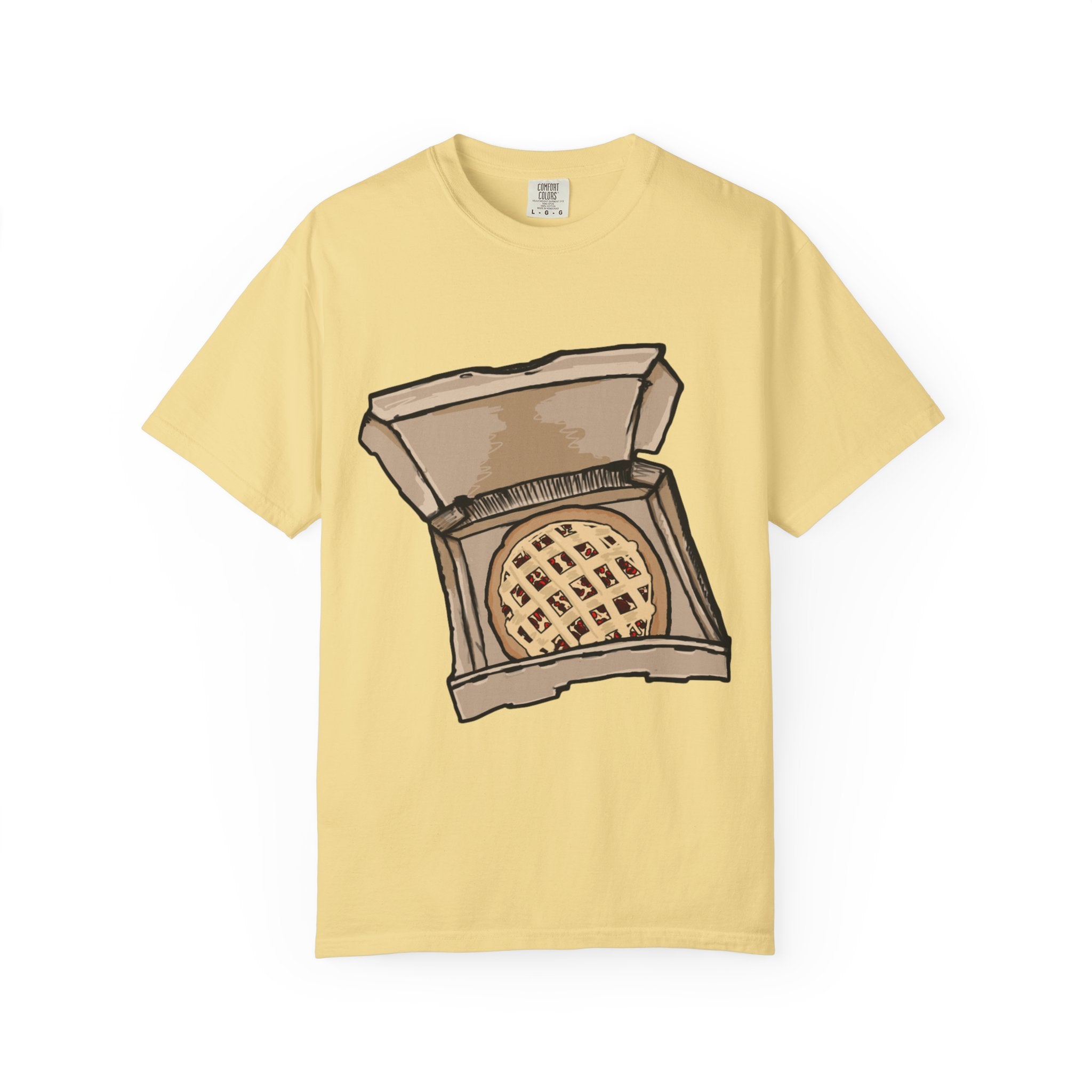 Hand-drawn cherry pie pizza box t-shirt showing open pizza box with lattice-top cherry pie from PizzaBytes collection

