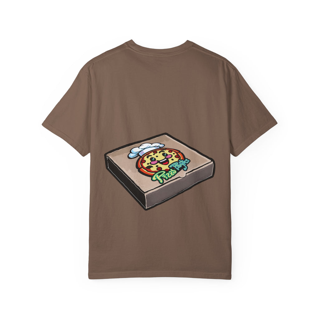 Hand-drawn calzone pizza box t-shirt showing open pizza box with two calzones from PizzaBytes collection


