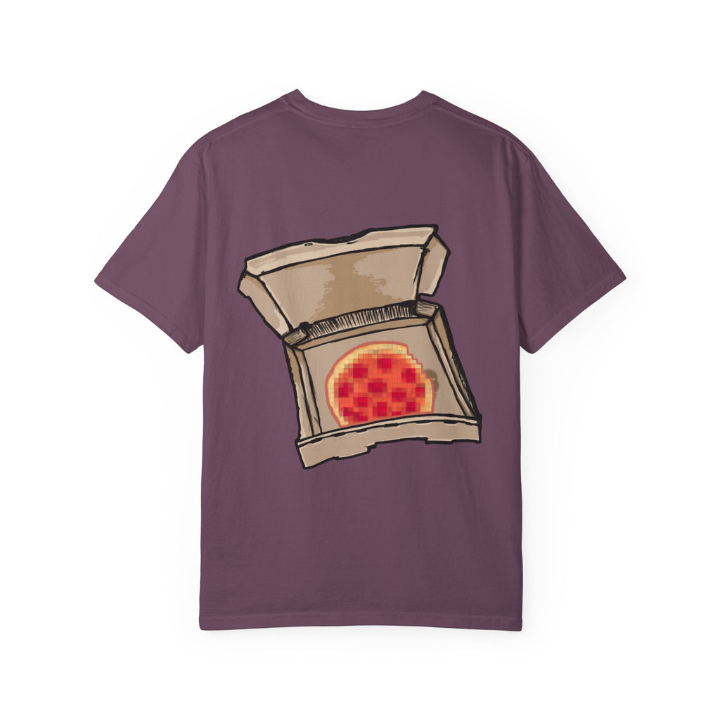 Freaky Features Robo Bobo t-shirt, front shows cybernetic robot skull with exposed brain and glowing eyes, back shows open pizza box with 8-bit pixel pepperoni pizza

