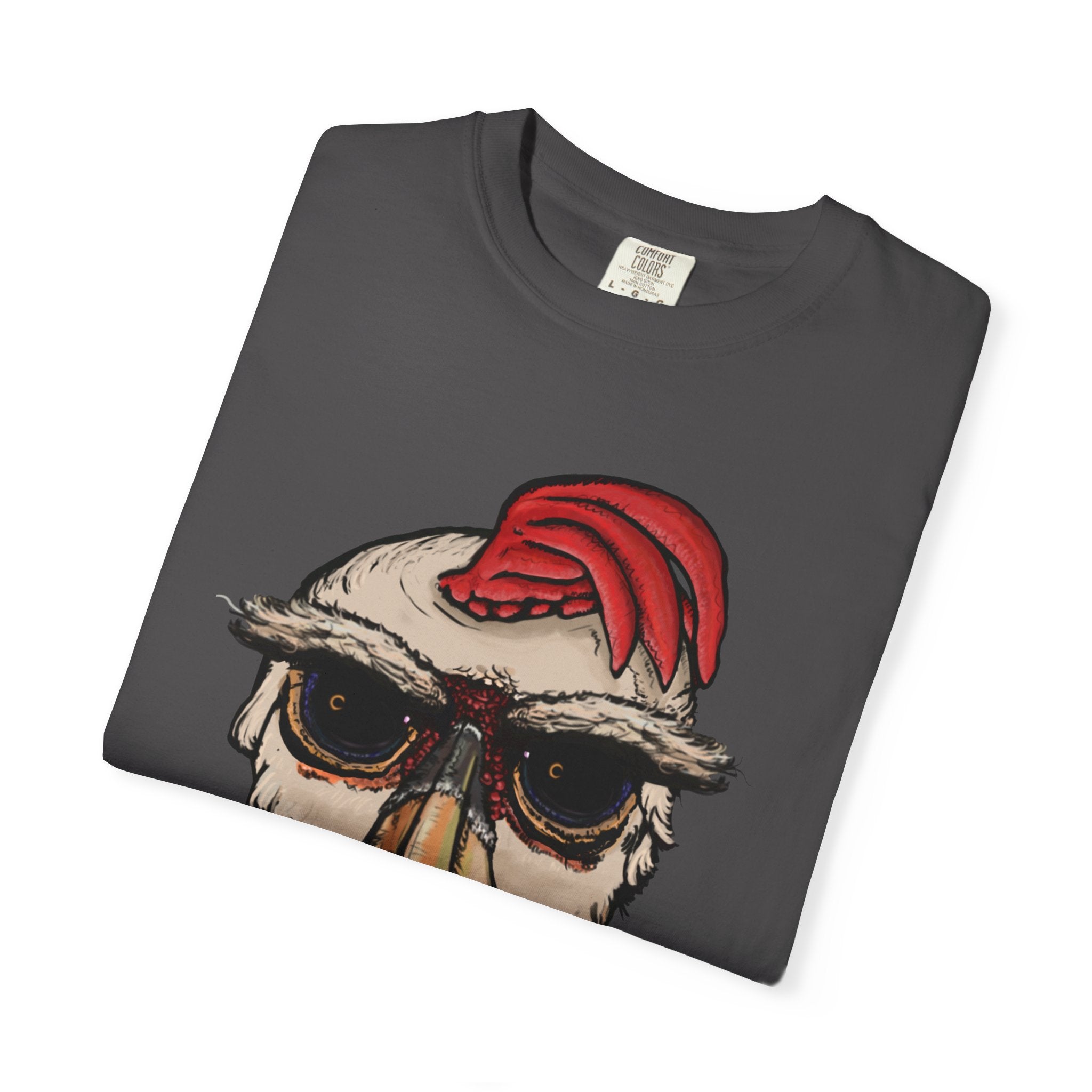 Freaky Features Paranoid Chicken t-shirt, front shows paranoid rooster head, back shows open pizza box with chocolate donut