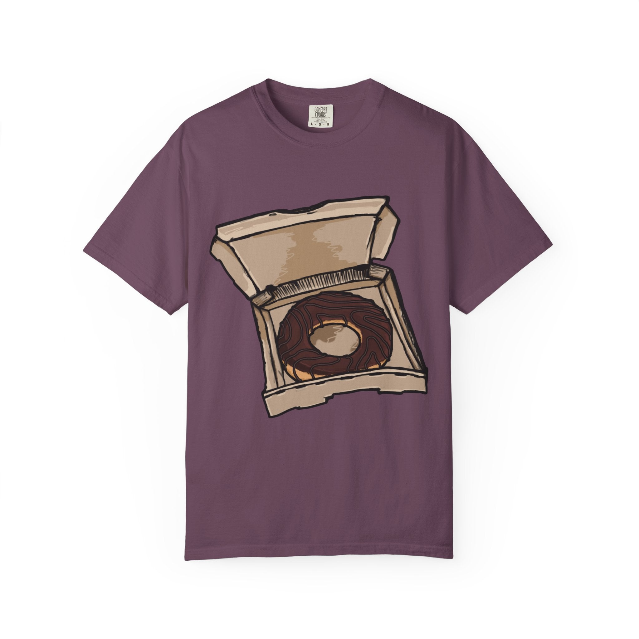 Hand-drawn donut pizza box t-shirt showing open pizza box with chocolate glazed donut from PizzaBytes collection

