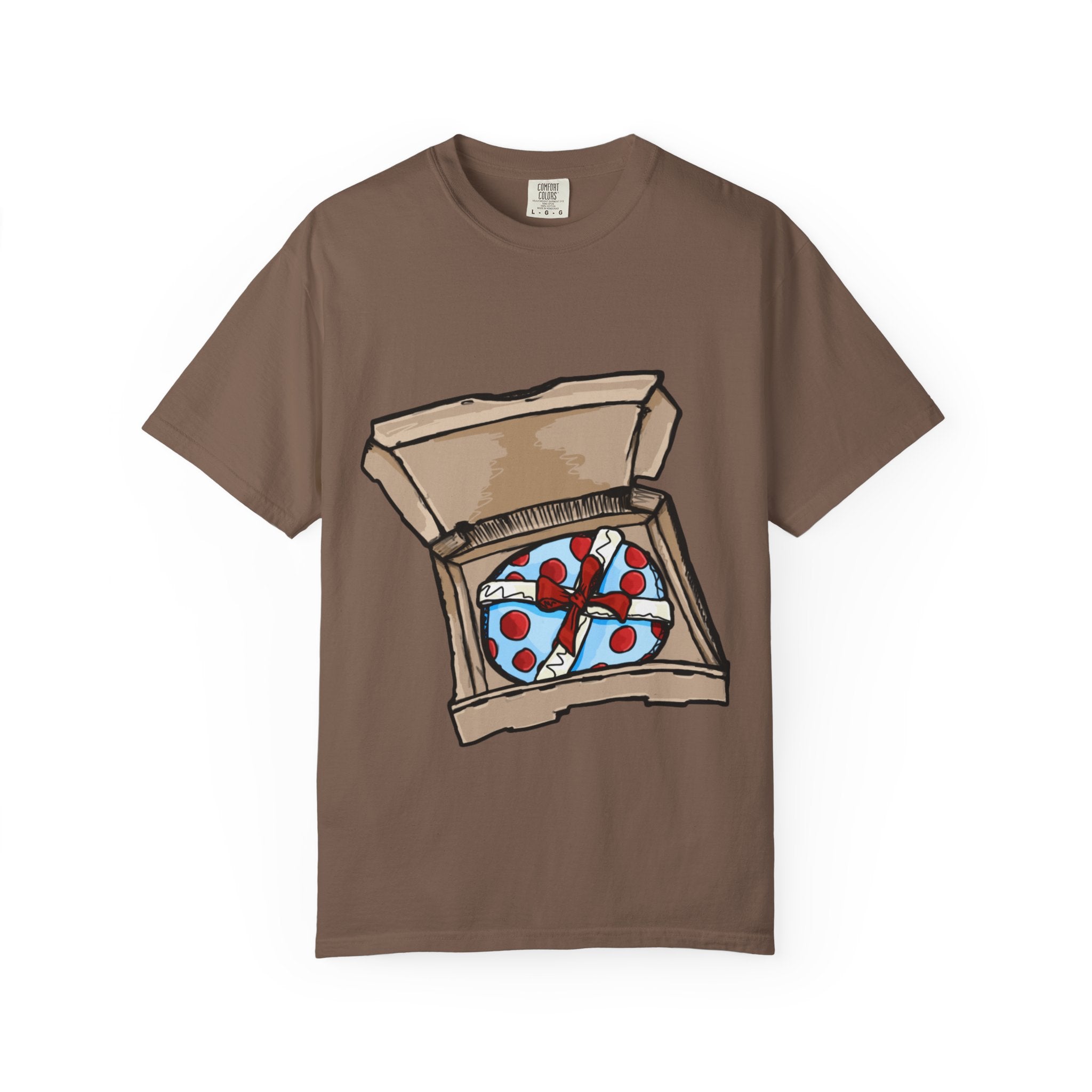 Hand-drawn gift pizza box t-shirt showing open pizza box with blue polka-dotted wrapped gift and red bow on Comfort tee from PizzaBytes collection
