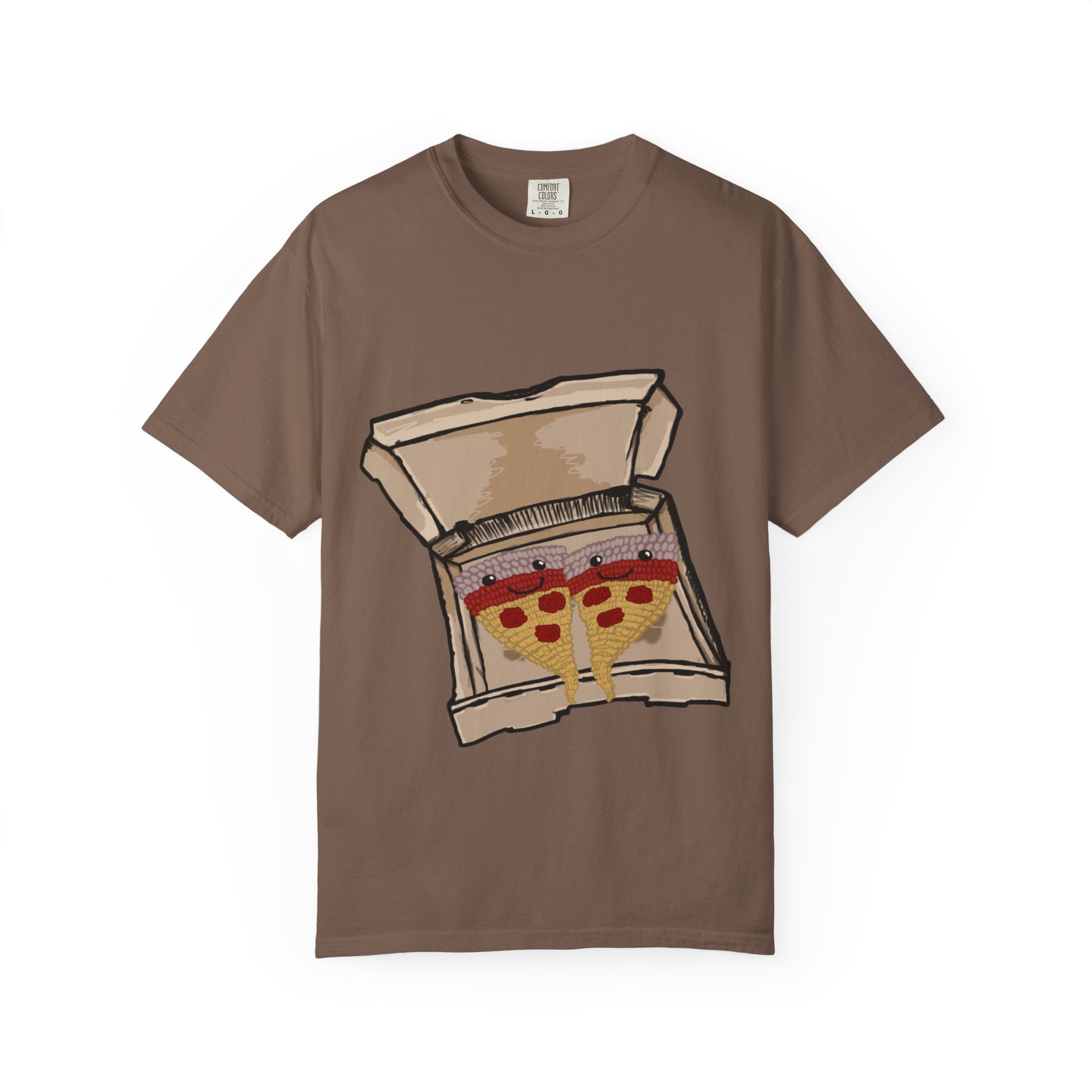 Hand-drawn knitted pizza slices t-shirt showing open pizza box with two smiling knitted pepperoni pizza slices from PizzaBytes collection

