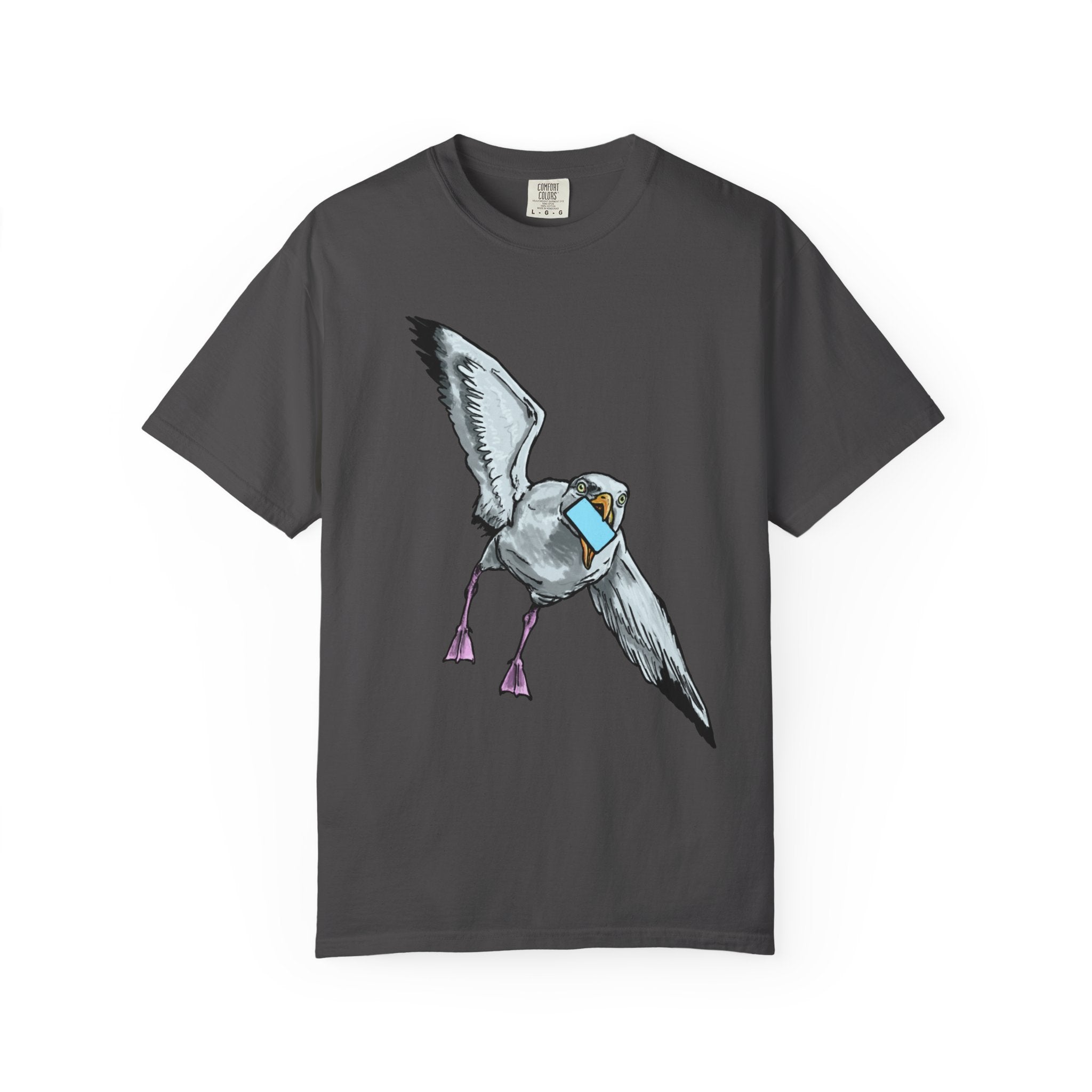 Hand-drawn pizza-stealing seagull monster t-shirt, outstretched wings and purple legs on tee from PizzaBytes collection