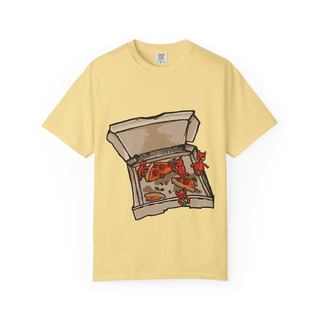 Hand-drawn little devils pizza box t-shirt showing open pizza box with cute red devils eating and stealing pepperoni pizza slices from PizzaBytes collection

