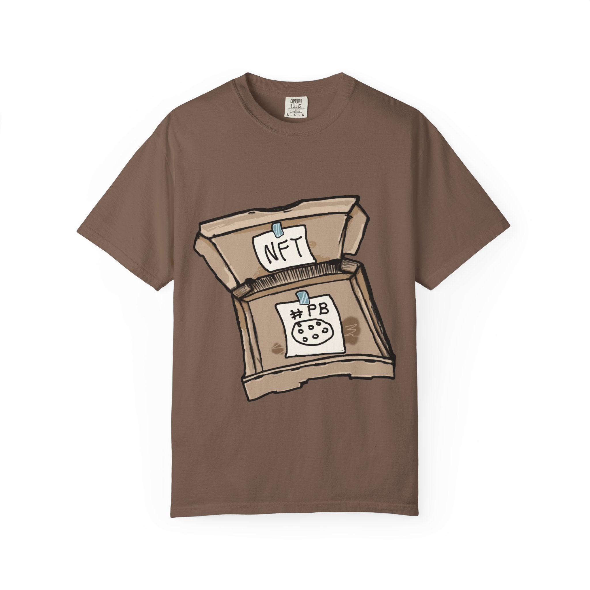 Hand-drawn NFT pizza box t-shirt showing open pizza box with NFT note and #PB pizza drawing from PizzaBytes collection

