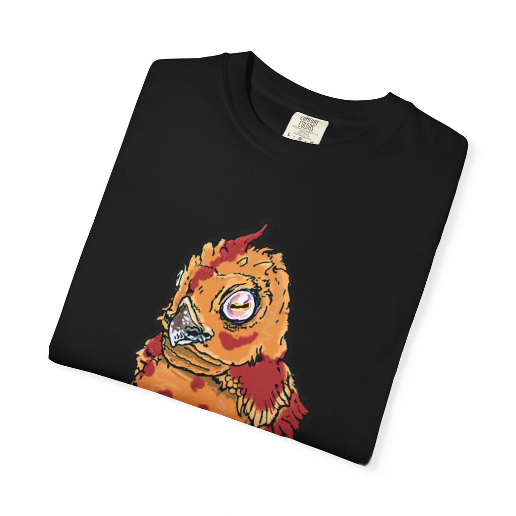 Hand-drawn spotted pizza owl monster t-shirt with melted cheese spots, pepperoni red markings and big multicolored eye tee from PizzaBytes collection