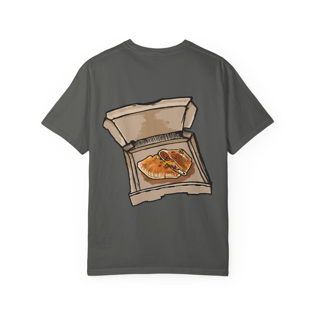 Freaky Features PumpkinJack t-shirt, front shows creepy pumpkin head with vine and candy-corn teeth, back shows open pizza box with two calzones inside