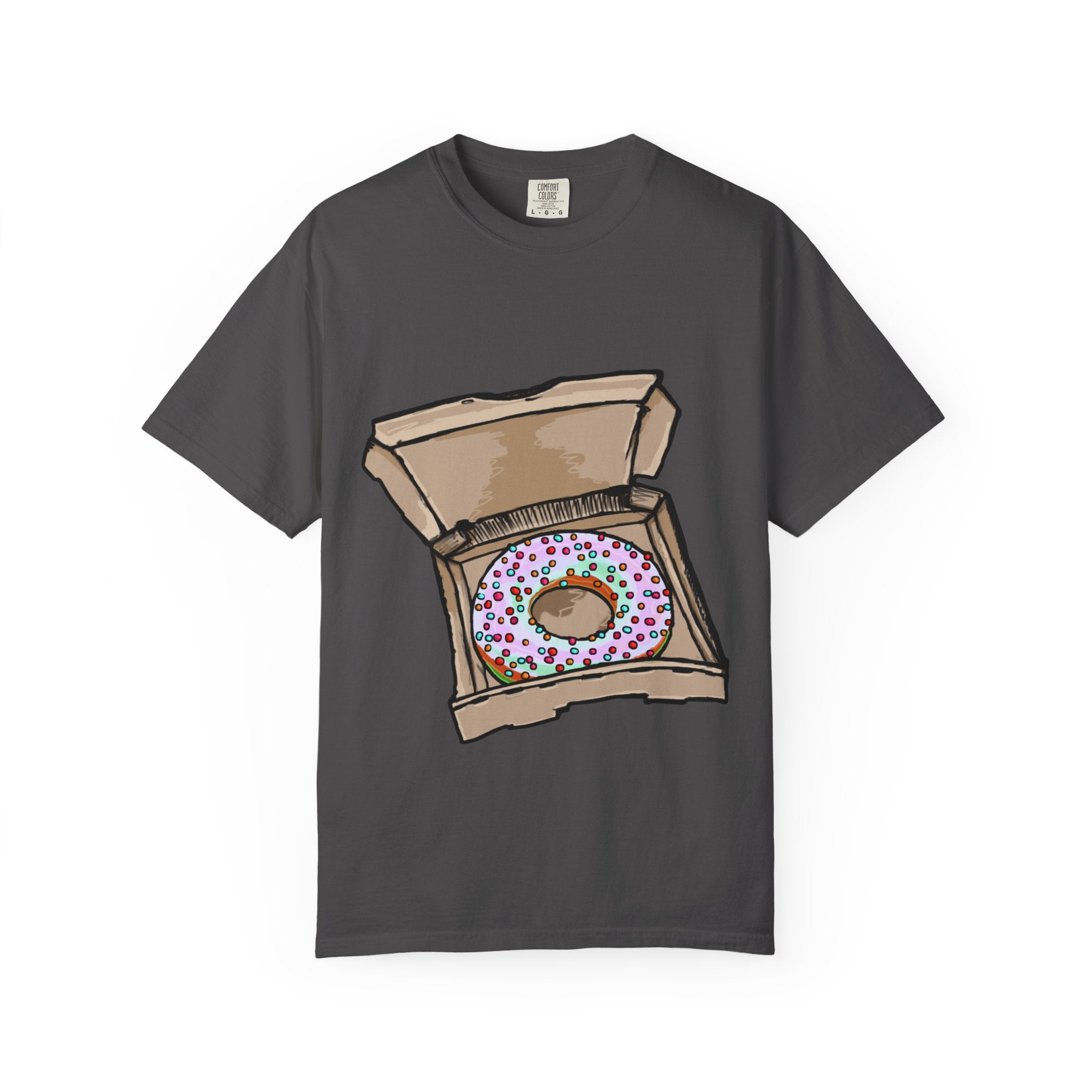 Hand-drawn rainbow donut pizza box t-shirt showing open pizza box with a colorful sprinkle donut from PizzaBytes collection

