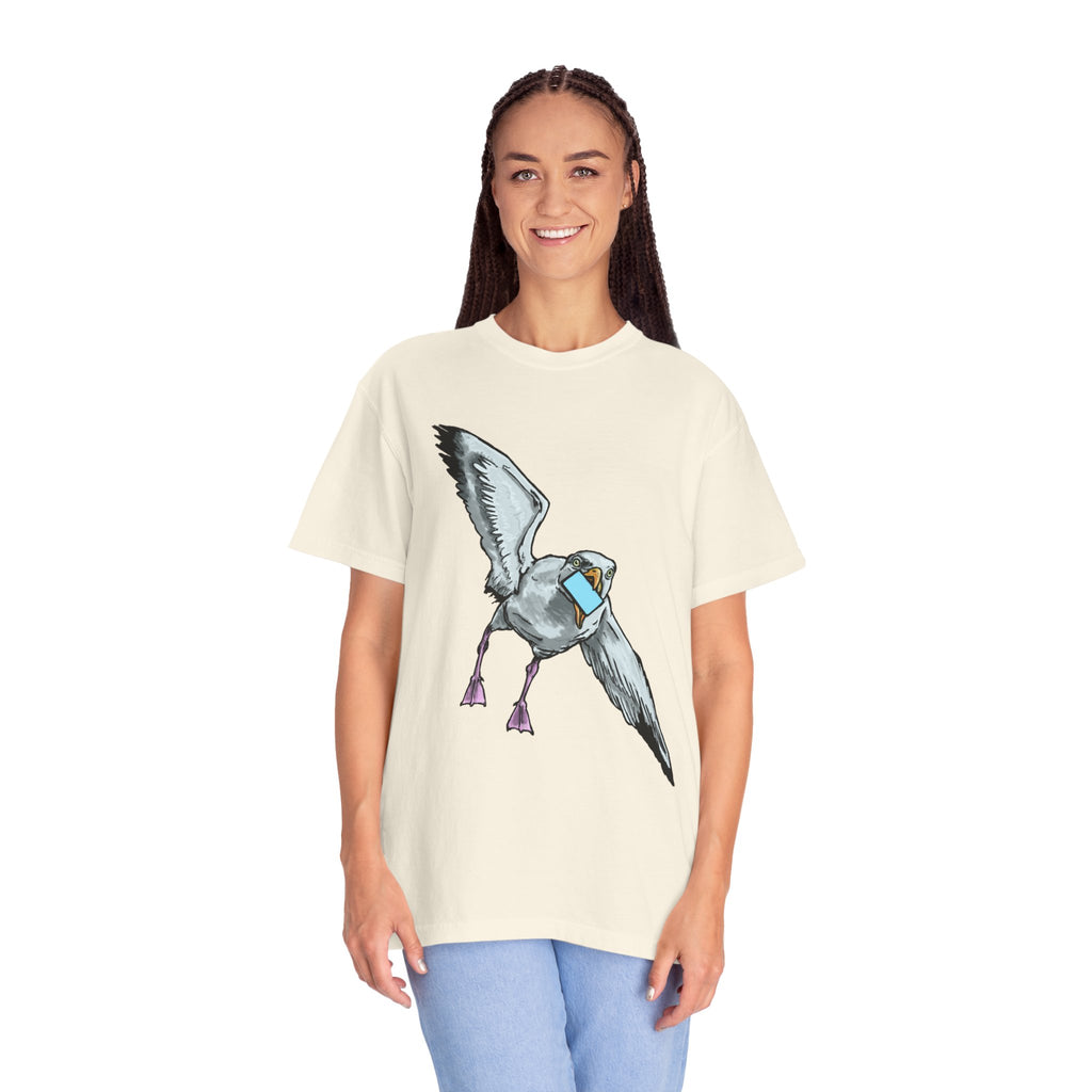 Hand-drawn pizza-stealing seagull monster t-shirt, outstretched wings and purple legs on tee from PizzaBytes collection