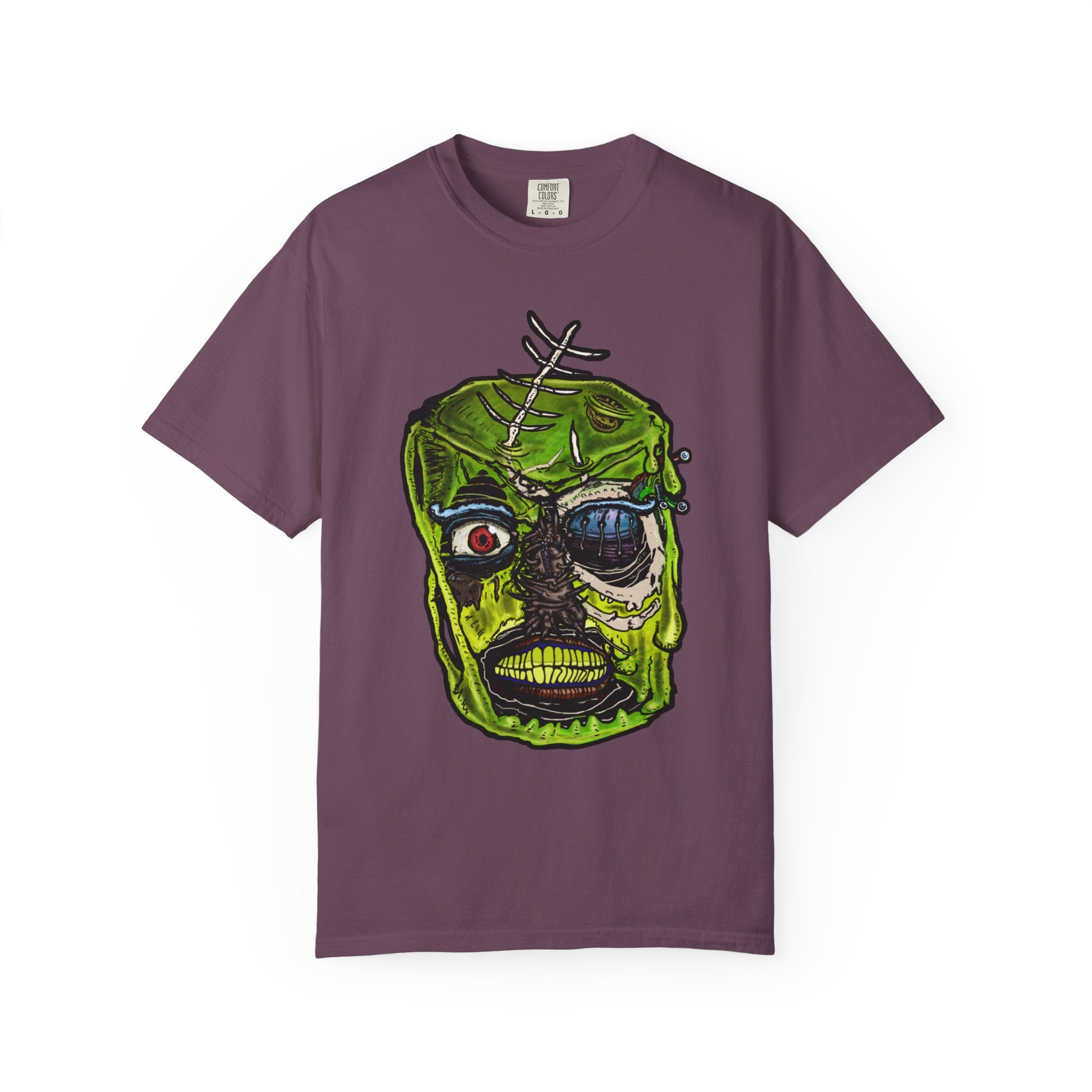 Freaky Features Radioactive Blob t-shirt, front shows neon green radioactive blob monster with cracked skull and glowing eyes, back shows open pizza box with glowing green jelly


