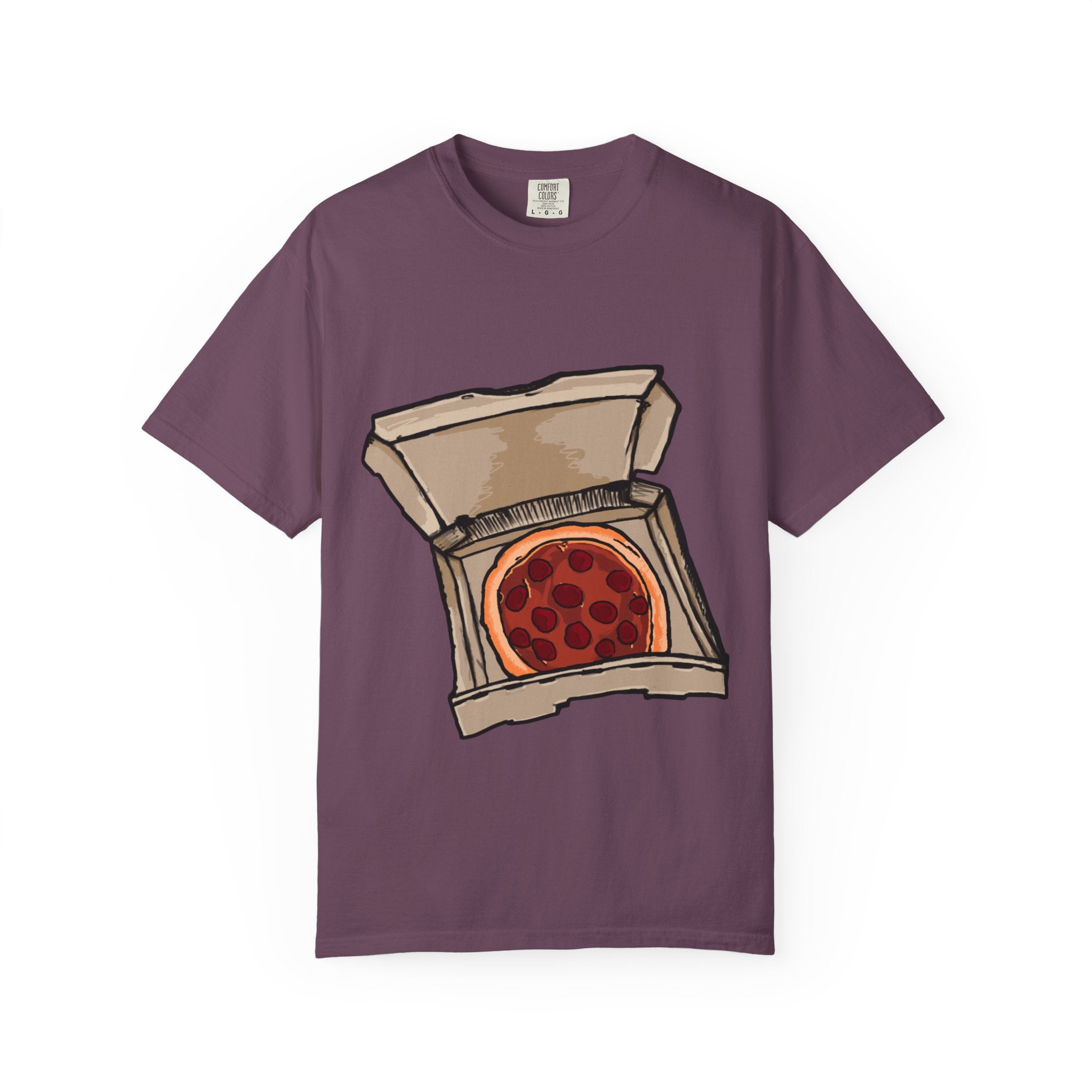 Hand-drawn classic pepperoni pizza box t-shirt showing open pizza box with pepperoni pizza from PizzaBytes collection

