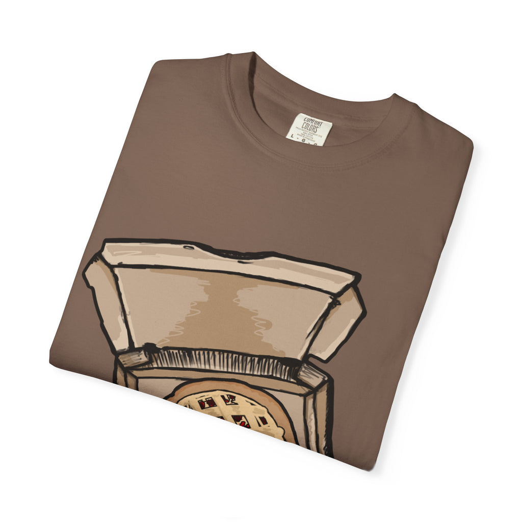 Hand-drawn cherry pie pizza box t-shirt showing open pizza box with lattice-top cherry pie from PizzaBytes collection

