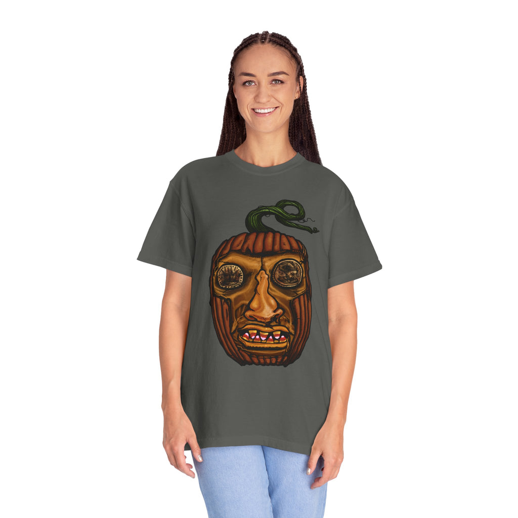 Freaky Features PumpkinJack t-shirt, front shows creepy pumpkin head with vine and candy-corn teeth, back shows open pizza box with two calzones inside
