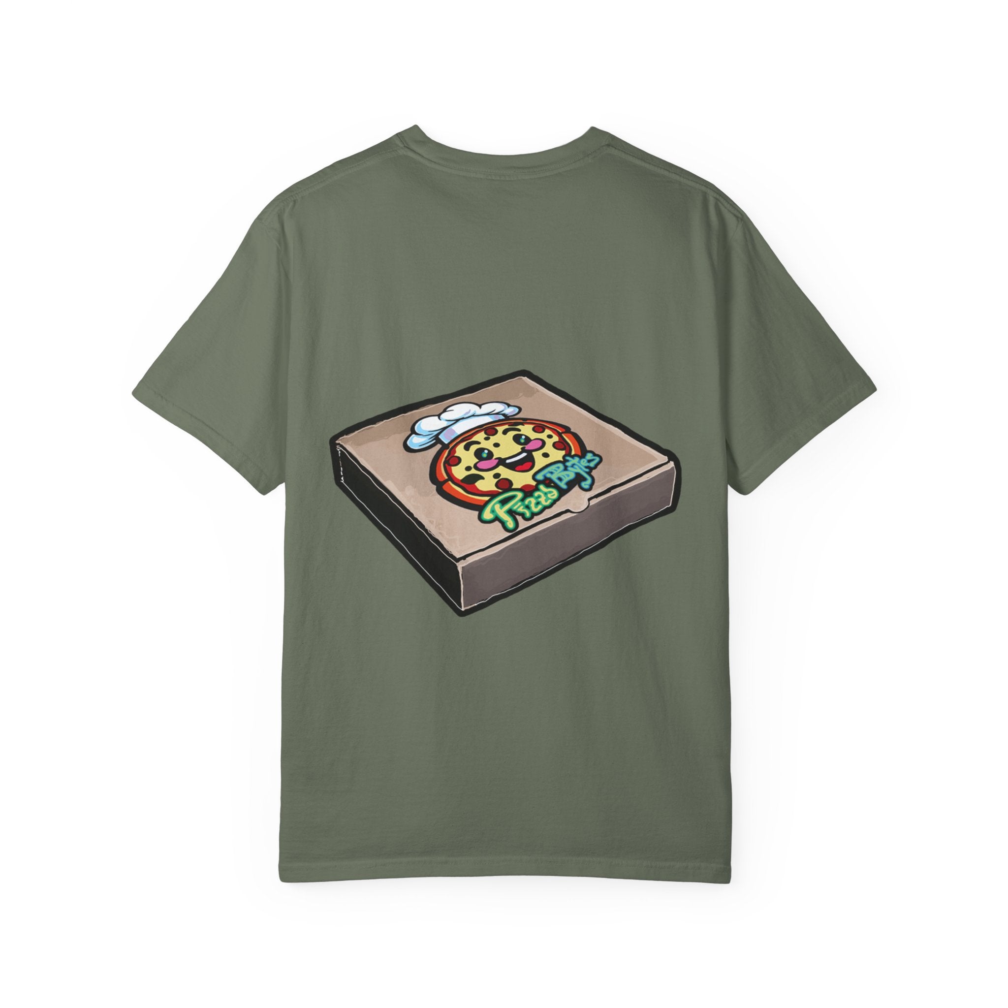 Hand-drawn sewer pizza box t-shirt showing open pizza box with skeletons, bones and green sludge pizza from PizzaBytes collection

