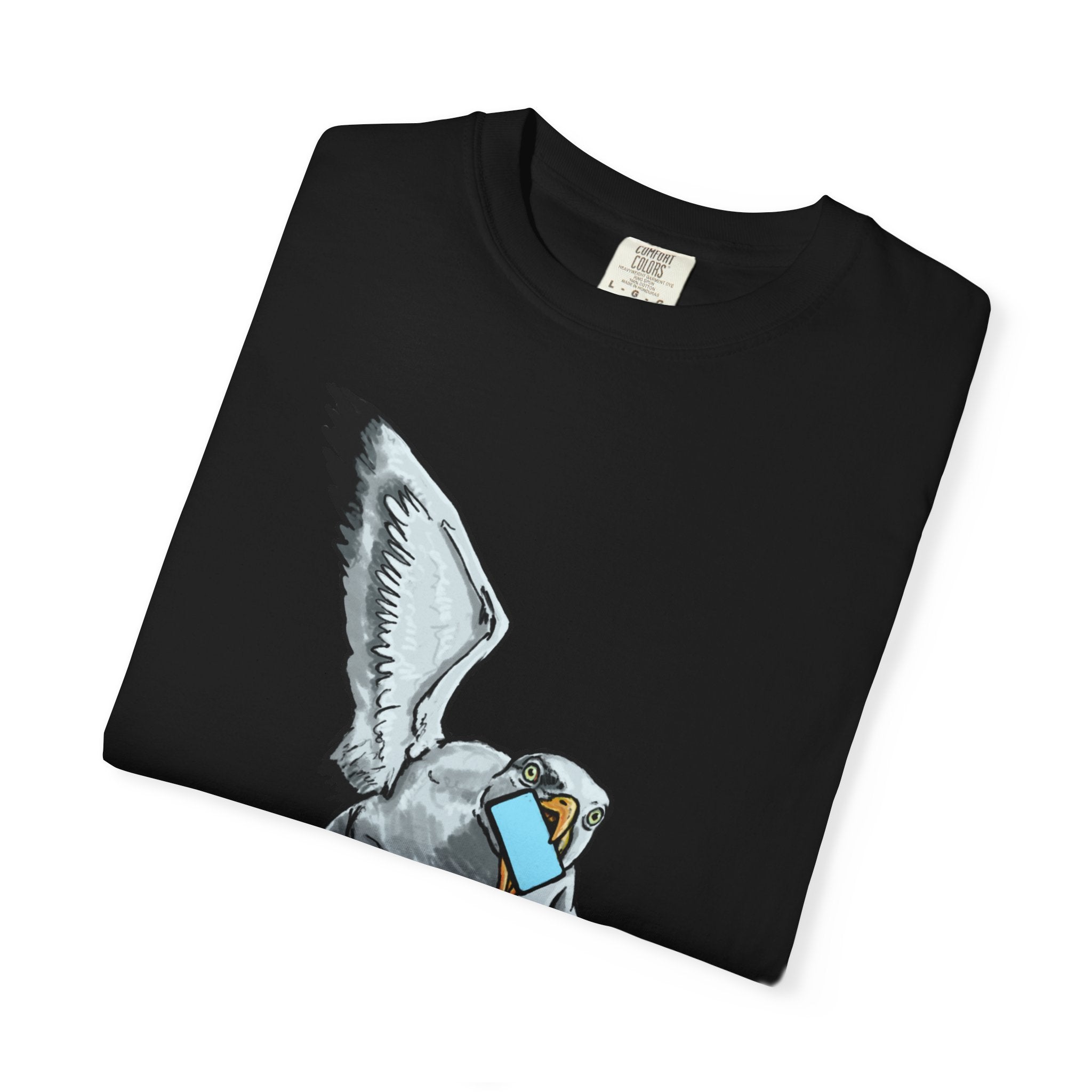 Hand-drawn pizza-stealing seagull monster t-shirt, outstretched wings and purple legs on tee from PizzaBytes collection