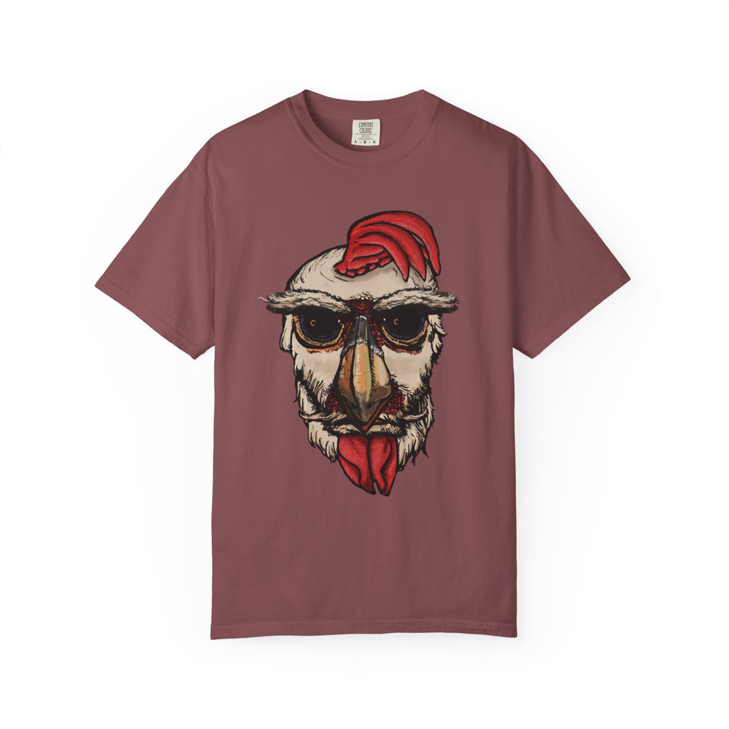 Freaky Features Paranoid Chicken t-shirt, front shows paranoid rooster head, back shows open pizza box with chocolate donut