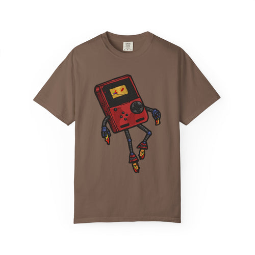GamerPal t-shirt from Freaky Features showing a red Game Console turned into a walking pizza monster with mechanical limbs on dark gray tee

