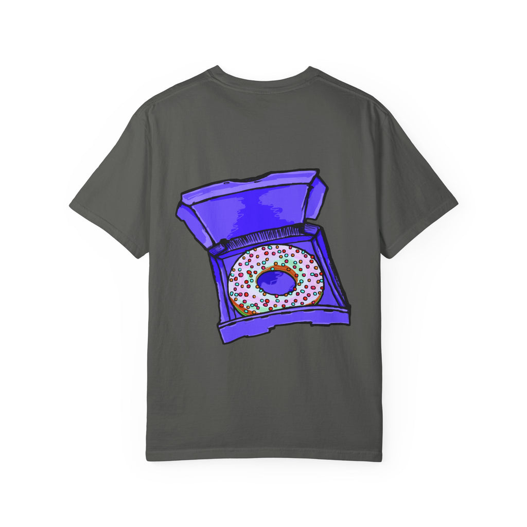 Freaky Features Brian t-shirt, front shows purple brain monster with tentacles, back shows open purple pizza box with a donut inside