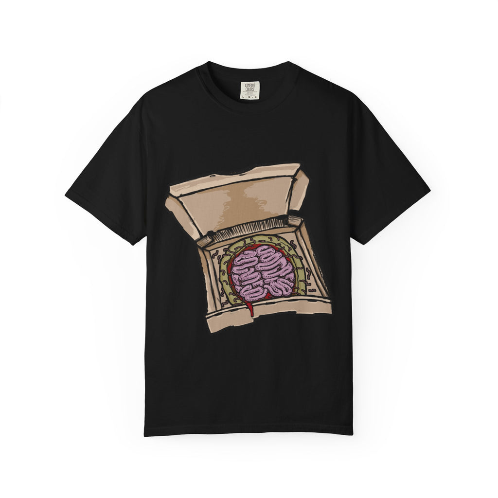 Hand-drawn brain pizza box t-shirt showing open pizza box with a detailed human brain pizza from PizzaBytes collection

