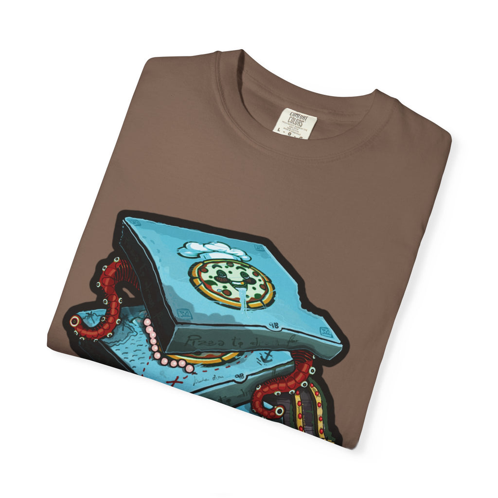 Hand-drawn pizza treasure chest t-shirt with stacked pizza boxes, gold coins, pearls, red octopus tentacles and pirate chest on Comfort Colors tee from PizzaBytes collection