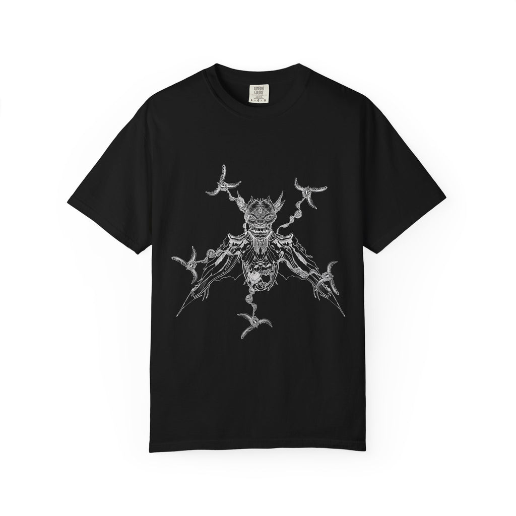 Hand-sketched Reptile Angel t-shirt from Serenity Chain, grotesque winged reptilian creature in raw white line art on black tee


