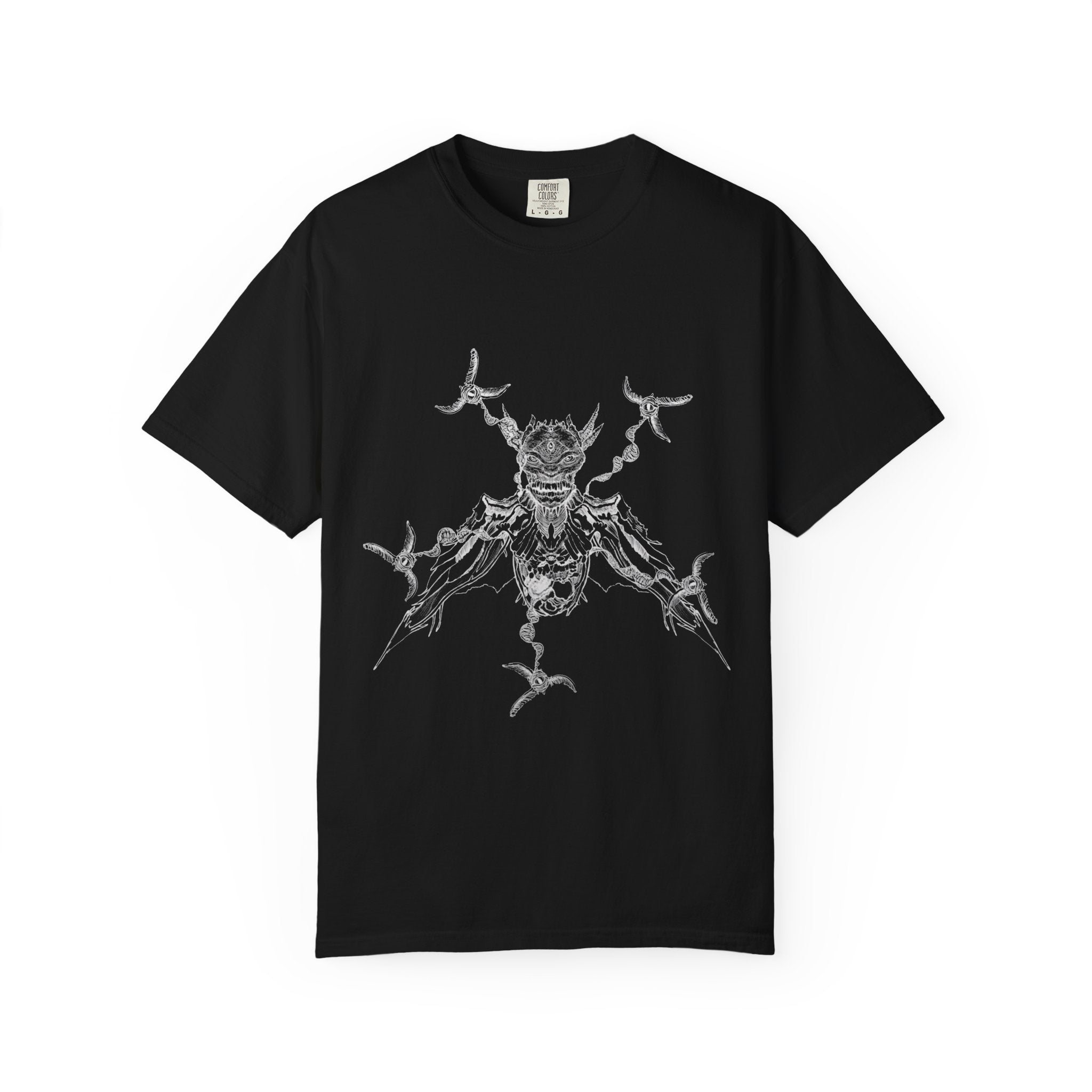 Hand-sketched Reptile Angel t-shirt from Serenity Chain, grotesque winged reptilian creature in raw white line art on black tee


