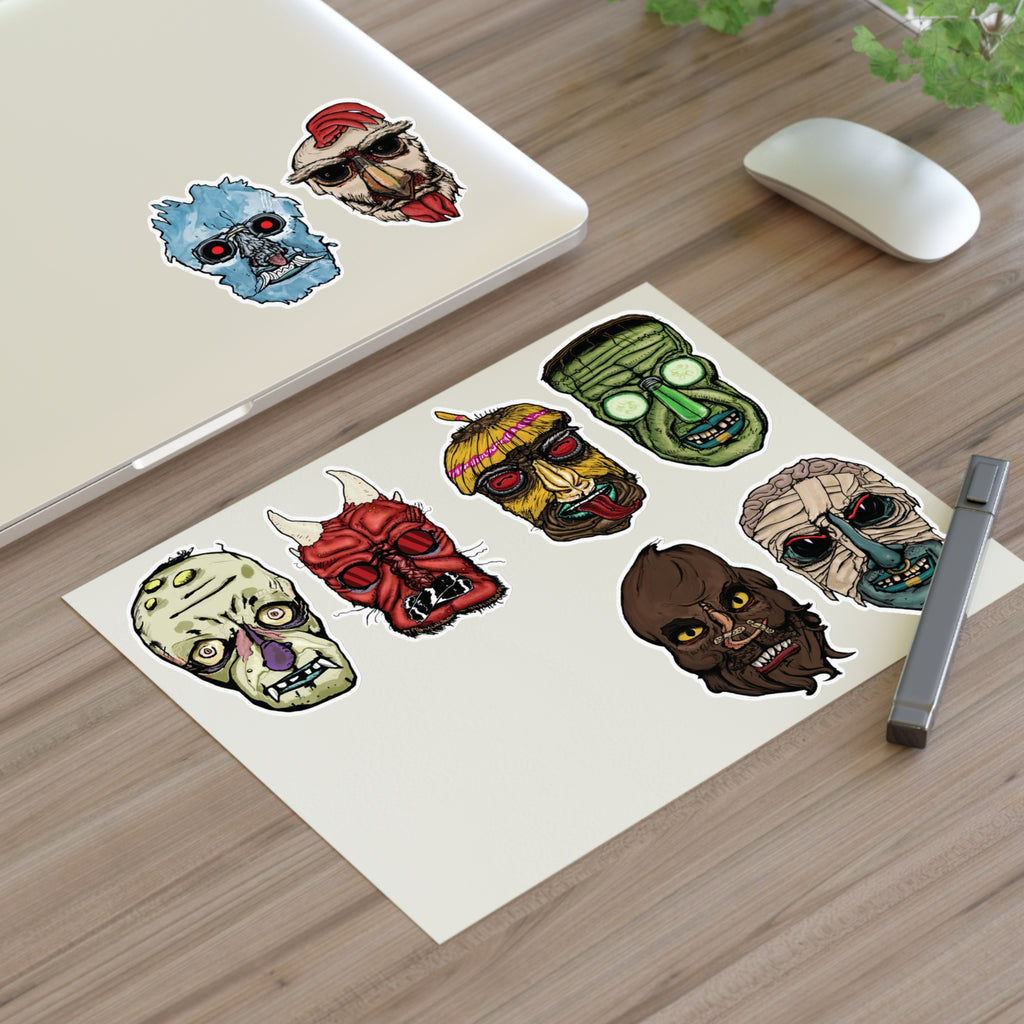 Freaky Features Sticker Sheet Set #1 , transparent die-cut sheet with 8 hand-drawn monster heads from the Freaky Features collection
