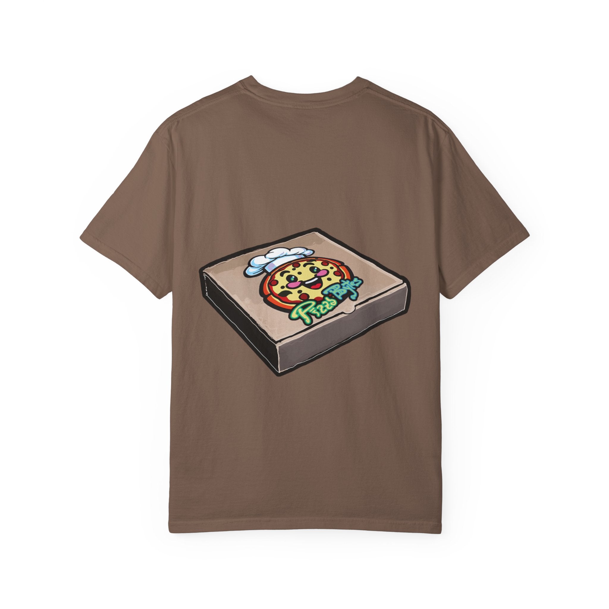 Hand-drawn pepperoni green pepper mushroom pizza box t-shirt showing open pizza box with pepperoni, green pepper and mushroom pizza from PizzaBytes collection


