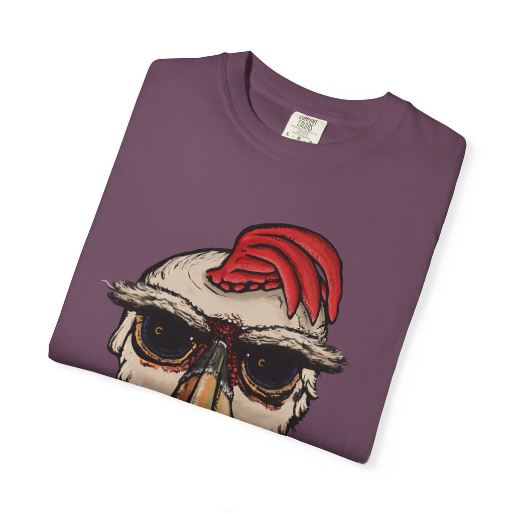 Freaky Features Paranoid Chicken t-shirt, front shows paranoid rooster head, back shows open pizza box with chocolate donut