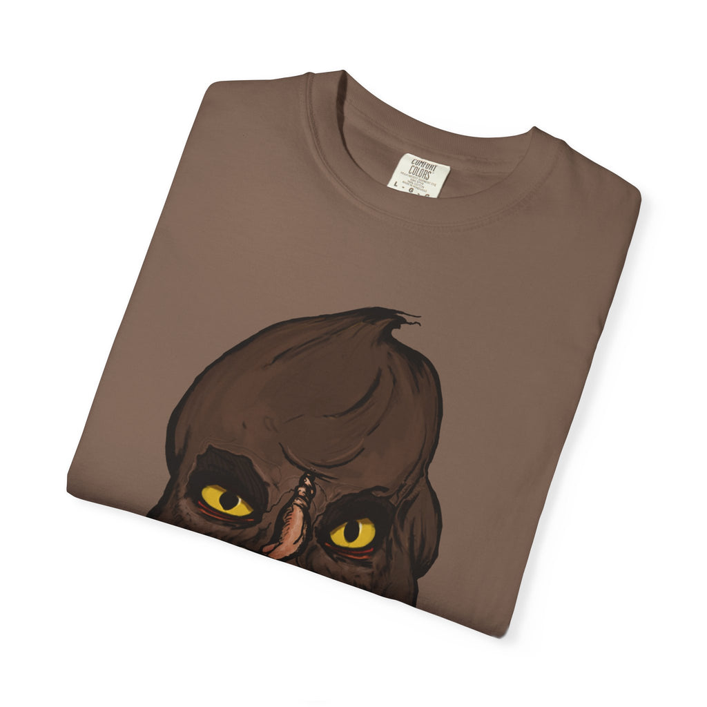 Freaky Features Werewolf t-shirt, front shows werewolf head with glowing yellow eyes and bandaged nose, back shows open pizza box with pepperoni pizza topped with mini cheeseburgers
