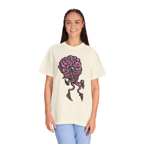 Freaky Features Brian t-shirt, front shows purple brain monster with tentacles, back shows open purple pizza box with a donut inside