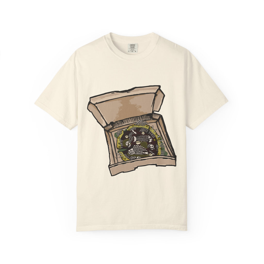 Hand-drawn sewer pizza box t-shirt showing open pizza box with skeletons, bones and green sludge pizza from PizzaBytes collection

