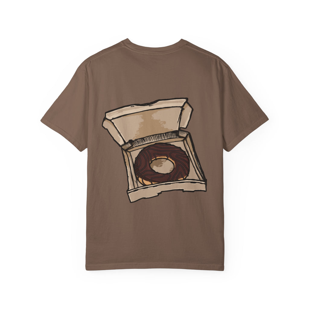 Freaky Features Paranoid Chicken t-shirt, front shows paranoid rooster head, back shows open pizza box with chocolate donut