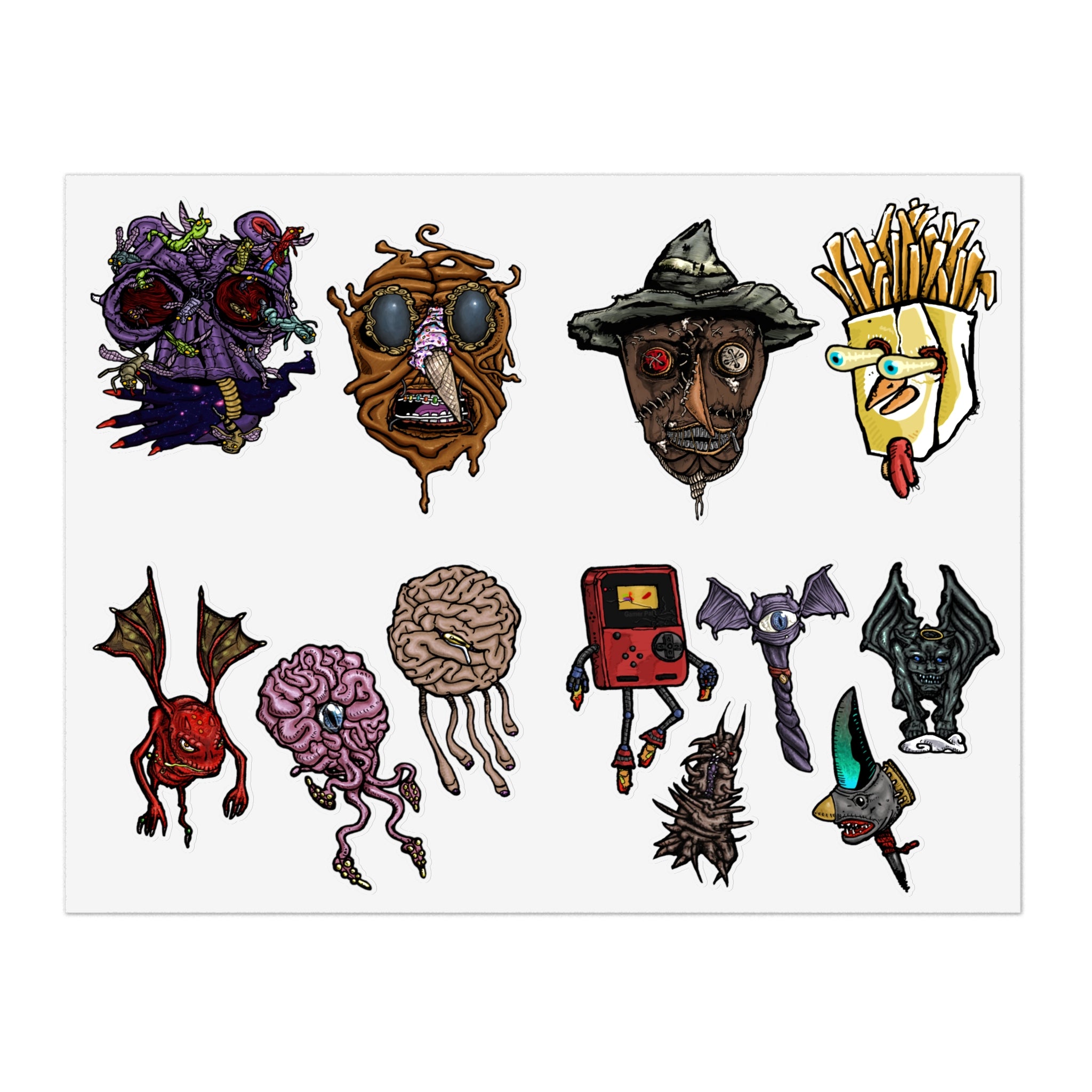 Freaky Features Sticker Sheet Set #3 , transparent die-cut sheet with 12 hand-drawn monsters and creatures including alien swarm, melting chocolate head, scarecrow, french fry box, walking Game Boy ( Gamerpal) , brains, and various weird weapons/creatures
