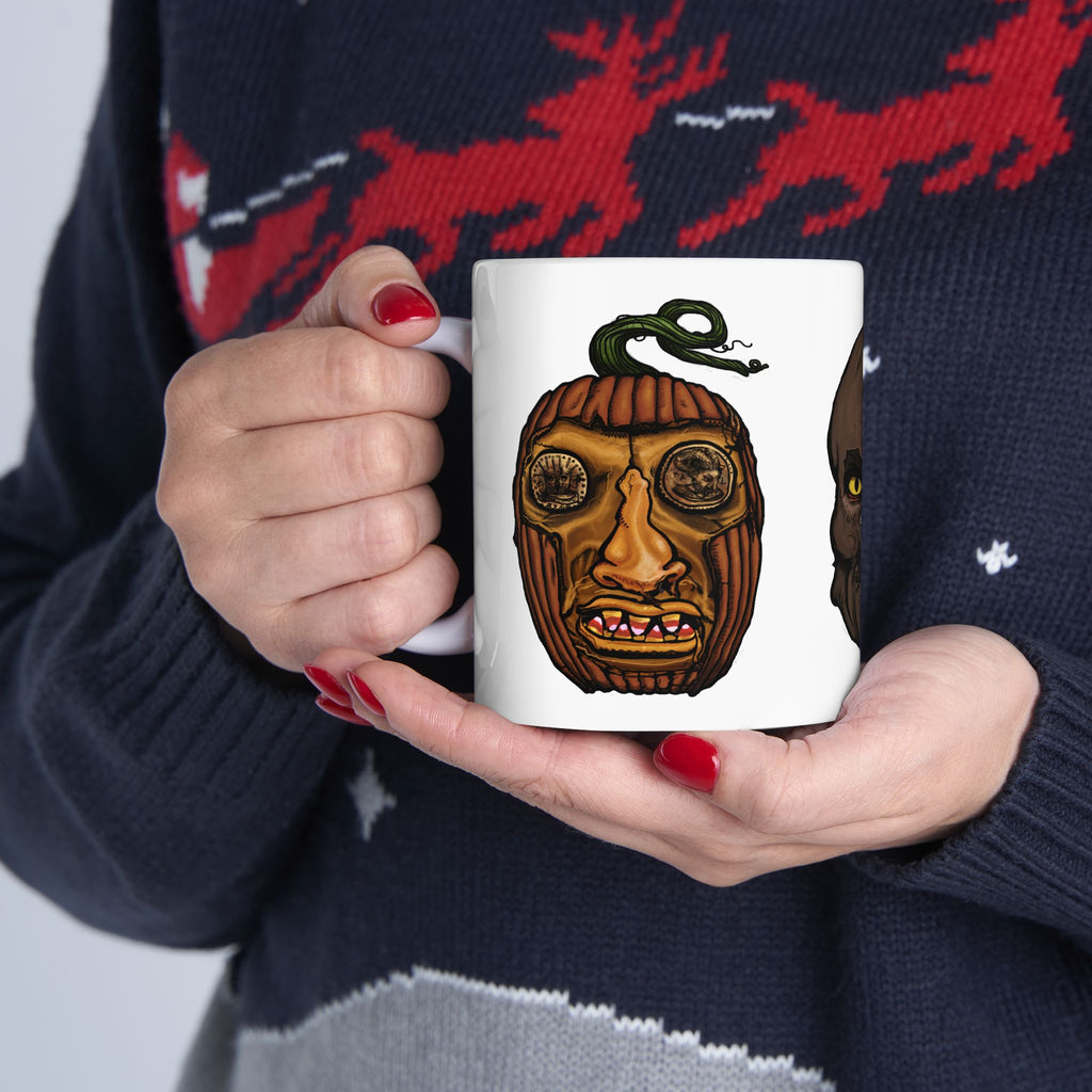 Freaky Features Werewolf Scarecrow PumpkinJack mug showing three monster designs: brown werewolf with yellow eyes, scarecrow with witch hat, and carved pumpkin head on white ceramic mug
